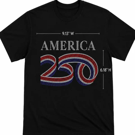 American 250th Anniversary Rhinestone Transfer Design pressed on a black t-shirt