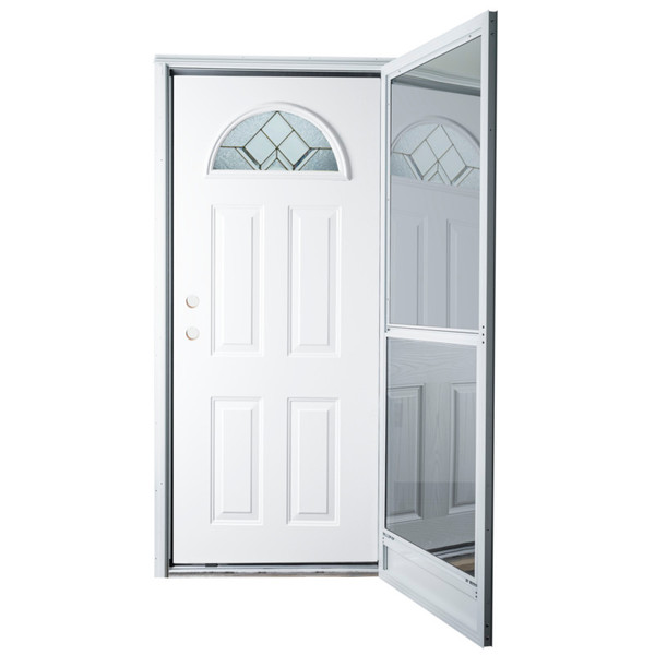 34" x 76" 6-Panel Fiberglass Combo Door - Decorative Sunburst Window