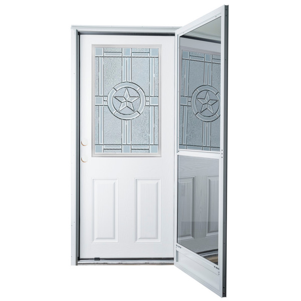 34" x 76" 6-Panel Fiberglass Combo Door - Decorative Star Window