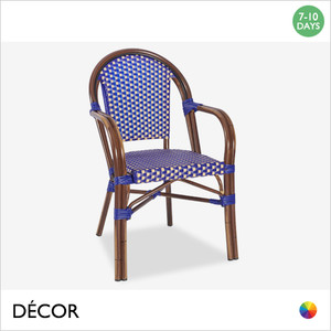 11 N San Marco Stackable Dining Chair with Armrests - Vintage Style Woven Faux Rattan with a Dark Bamboo Painted Aluminium Frame - In Designer Colours & Neutral Tones - Décor for Business 11 N San Marco Stackable Dining Chair with Armrests - Vintage Style Woven Faux Rattan with a Dark Bamboo Painted Aluminium Frame - In Designer Colours & Neutral Tones - Décor for Business