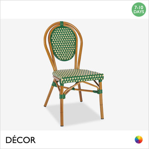 1 L San Pietro Stackable Dining Chair - Bistro Style Woven Faux Rattan with a Natural Bamboo Painted Aluminium Frame - In Designer Colours & Neutral Tones - Décor for Business 1 L San Pietro Stackable Dining Chair - Bistro Style Woven Faux Rattan with a Natural Bamboo Painted Aluminium Frame - In Designer Colours & Neutral Tones - Décor for Business