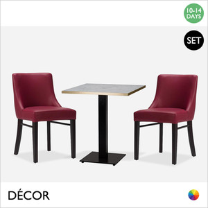 1 C 2 Batatz Mirco Set - Table and Two Chairs - Modern Designer Table Base with a White Carrara Marble with Gold Edging Top, 600mm or 700mm Square and Two Wine Eco Leather Chairs with Black Frames - Décor for Business 1 C 2 Batatz Mirco Set - Table and Two Chairs - Modern Designer Table Base with a White Carrara Marble with Gold Edging Top, 600mm or 700mm Square and Two Wine Eco Leather Chairs with Black Frames - Décor for Business
