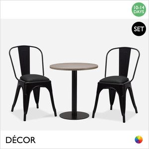 Bastille Mirco Set - Table and Two Chairs - Modern Designer Table Base with a Shorewood Top, Round 600mm or 700mm and Two Matt Black Pressed Steel Chairs with Black Eco Leather Seats - Décor for Business Bastille Mirco Set - Table and Two Chairs - Modern Designer Table Base with a Shorewood Top, Round 600mm or 700mm and Two Matt Black Pressed Steel Chairs with Black Eco Leather Seats - Décor for Business