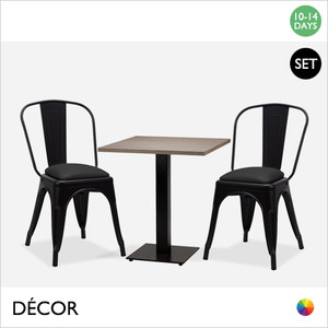 Bastille Mirco Set - Table and Two Chairs - Modern Designer Table Base with a Shorewood Top, Square 600mm or 700mm and Two Matt Black Pressed Steel Chairs with Black Eco Leather Seats - Décor for Business Bastille Mirco Set - Table and Two Chairs - Modern Designer Table Base with a Shorewood Top, Square 600mm or 700mm and Two Matt Black Pressed Steel Chairs with Black Eco Leather Seats - Décor for Business