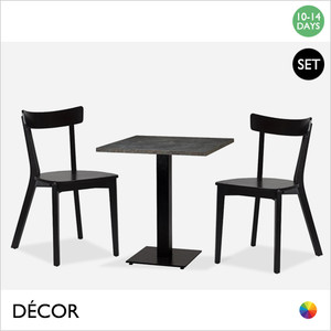 Luisa Mirco Set - Table and Two Chairs - Modern Designer Table Base with a Anthracite Metal Rock Top, 600mm or 700mm Square and Two Chairs with Black Frames - Décor for Business Luisa Mirco Set - Table and Two Chairs - Modern Designer Table Base with a Anthracite Metal Rock Top, 600mm or 700mm Square and Two Chairs with Black Frames - Décor for Business