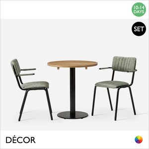 Caffè Pranzo Monza Set - Table and Two Chairs - Modern Designer Table Base with a Solid Ash Round Table Top in an Oak Stain and Two Upholstered Dining Chairs with Armrests in a Choice of Designer Colours - For Indoor Use - Décor for Business Caffè Pranzo Monza Set - Table and Two Chairs - Modern Designer Table Base with a Solid Ash Round Table Top in an Oak Stain and Two Upholstered Dining Chairs with Armrests in a Choice of Designer Colours - For Indoor Use - Décor for Business