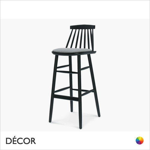 Copenhagen Bar Stool with a Seat Pad and a Spindle Backrest, In Bar & Counter Heights - In Designer Satin Colours & Wood Finishes - Décor for Business