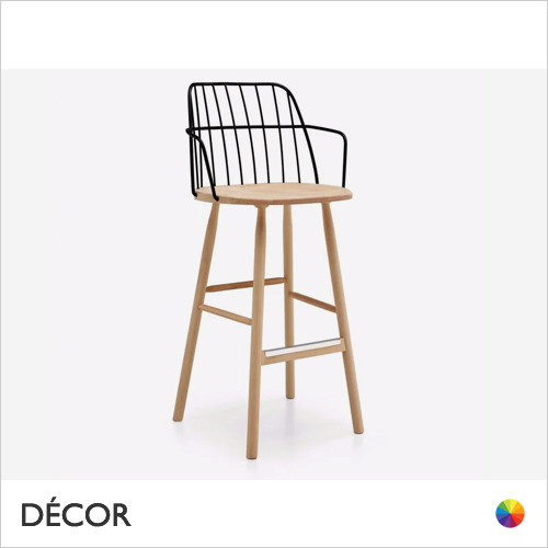 11 Q Strike Bar Stool with Armrests and a Lacquered Ash Seat and Frame and a Wire-Frame Body, Bar & Counter Heights - In Designer Colours - Décor for Home & Business