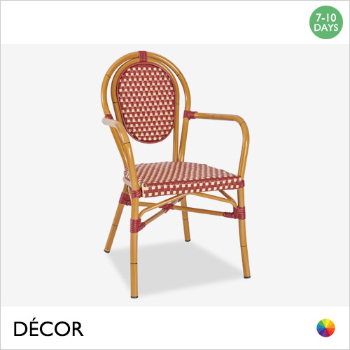 1 A San Pietro Stackable Dining Chair with Armrests - Bistro Style Woven Faux Rattan with a Natural Bamboo Painted Aluminium Frame - In Designer Colours & Neutral Tones - Décor for Business