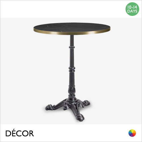 1 A Piazza Black Small Dining Table Base, 3 Legs - Add a Round Laminate Top in White Carrara Marble with Gold Edging or Black Pietra Grigia Marble with Gold Edging - Classic Vintage Bistro Style -Décor for Business