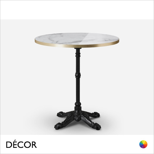 1 B Caffè Bistro Dining Table Base with a Calacatta Marble High Gloss Laminate Round Table Top with Gold Edge - Classic Vintage Bistro Style - Décor for Business