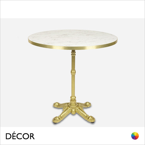 Caffè Bistro Gold Dining Table Base with a Calacatta Marble High Gloss Laminate Round Table Top with Gold Edge - Classic Vintage Bistro Style - Décor for Business