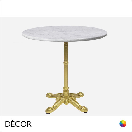 Caffè Bistro Gold Dining Table Base with a Solid Carrera Marble Round Table Top - Classic Vintage Bistro Style - Décor for Business