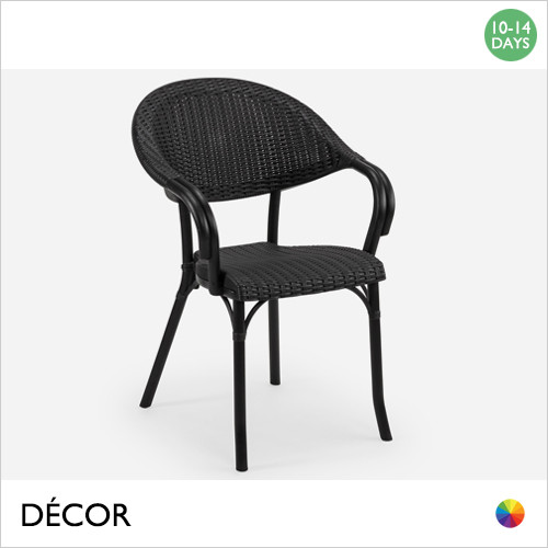 1 A A Bologna Stackable Dining Chair with Armrests - Classic French Bistro Style with Black Woven Faux Wicker on a Polypropylene Frame - Décor for Business
