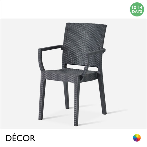 1 A Modena Stackable Dining Chair with Armrests, Polypropylene - Black Woven Faux Wicker Seat, Backrest and Frame - Décor for Business