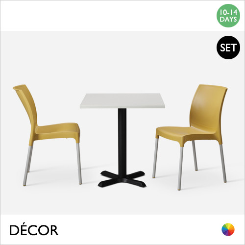 1 A C Caffè Pari Vibra Set - Table and Two Chairs - Modern Designer Table Base with a White Melamine Square Table Top and Two Stackable Matt Polypropylene Chairs - For Indoor Use - Décor for Business