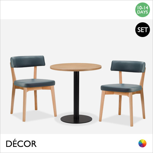 Ampolla Mirco Set - Table and Two Chairs - Modern Designer Table Base with a Lancaster Oak Top, 600mm or 700mm Round and Two Grey Eco Leather Chairs with Light Beech Frames - Décor for Business