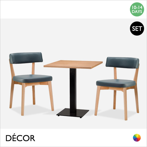 1 A A M Ampolla Mirco Set - Table and Two Chairs - Modern Designer Table Base with a Lancaster Oak Top, 600mm or 700mm Square and Two Grey Eco Leather Chairs with Light Beech Frames - Décor for Business