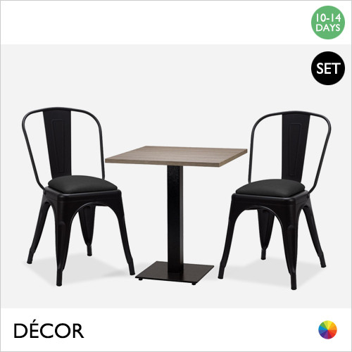 Bastille Mirco Set - Table and Two Chairs - Modern Designer Table Base with a Shorewood Top, Square 600mm or 700mm and Two Matt Black Pressed Steel Chairs with Black Eco Leather Seats - Décor for Business