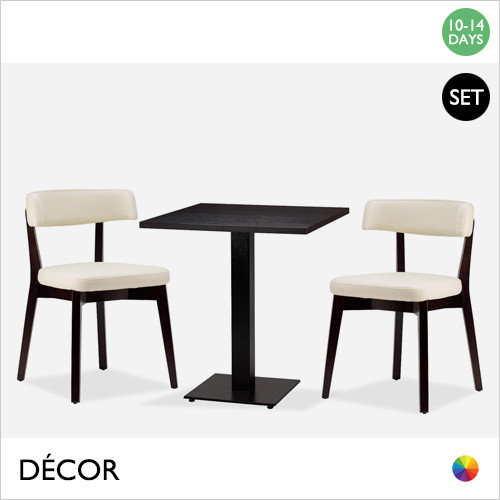 Ampolla Mirco Set - Table and Two Chairs - Modern Designer Table Base with a Black Brown Sorano Oak Top, 600mm or 700mm Square and Ivory Grey Eco Leather Chairs with Wenge Frames - Décor for Business