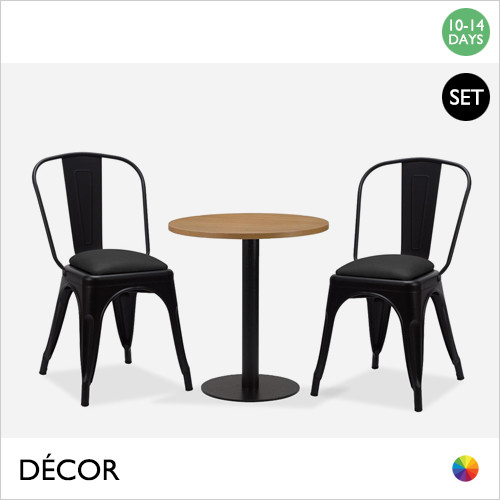 Bastille Mirco Set - Table and Two Chairs - Modern Designer Table Base with a Lancaster Oak Top, Round 600mm or 700mm and Two Matt Black Pressed Steel Chairs with Black Eco Leather Seats - Décor for Business