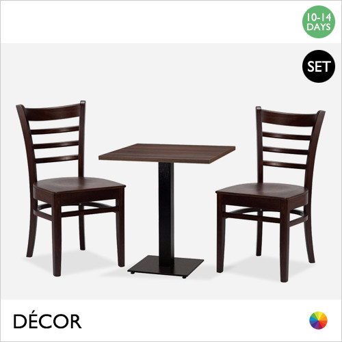 Iseo Mirco Set - Table and Two Chairs - Modern Designer Table Base with a Tobacco Pacific Walnut Top, 600mm or 700mm Square and and Two Walnut Chairs with a Solid Seat - Décor for Business