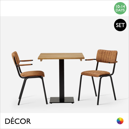 Caffè Pranzo Monza Set - Table and Two Chairs - Modern Designer Table Base with a Solid Ash Square Table Top in an Oak Stain and Two Upholstered Dining Chairs with Armrests in a Choice of Designer Colours - For Indoor Use - Décor for Business