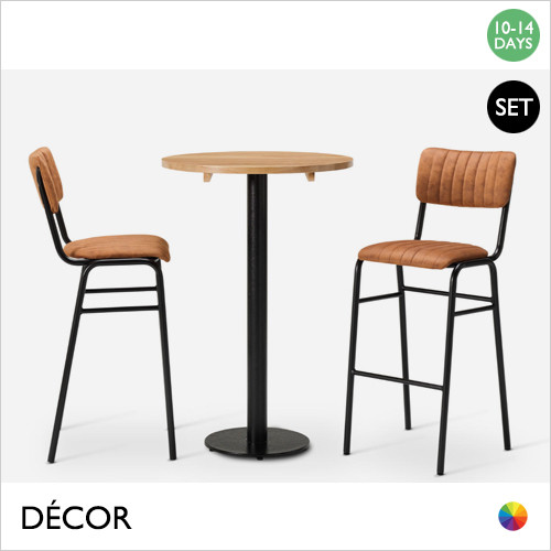 1 A A Caffè Pranzo Monza Poseur Set - Table and Two Bar Stools - Modern Designer Poseur Table Base with a Solid Ash Round Table Top in an Oak Stain and Two Upholstered Bar Stools in a Choice of Designer Colours - For Indoor Use - Décor for Business