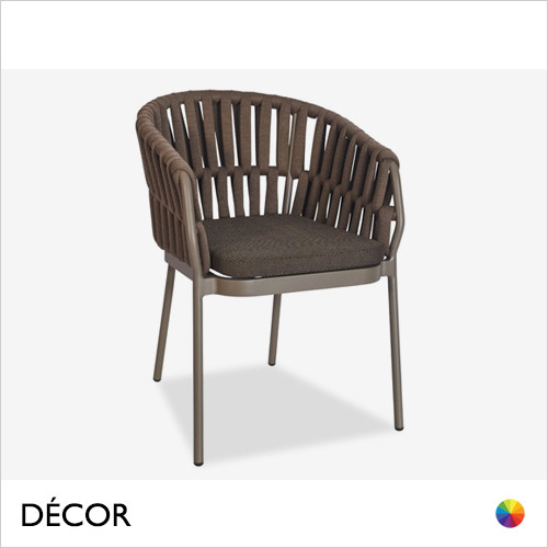 Décor Dinova - Serafina Luxury Stackable Dining Chair with Armrests and a Soft Woven Backrest and Cushion in Brown or Taupe, Indoor and Outdoor - Décor for Business
