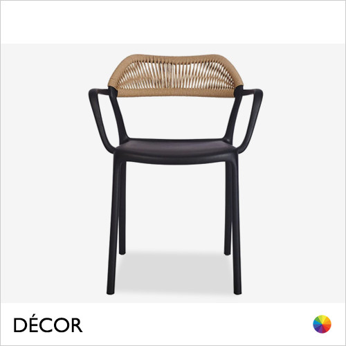 Décor Dinova - Amore Stackable Dining Chair with Armrests and a Woven Backrest on a Black, Green or Taupe Polypropylene Frame, Indoor and Outdoor - Décor for Business