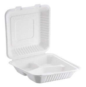 Bagasse Hinged Container, 32oz 3-comparement White, PFAS FREE, 8" x 8", 200pc (100/2)