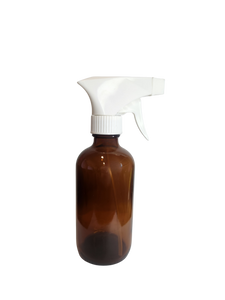 8oz Amber Boston round glass bottle with 28/400 white trigger spray