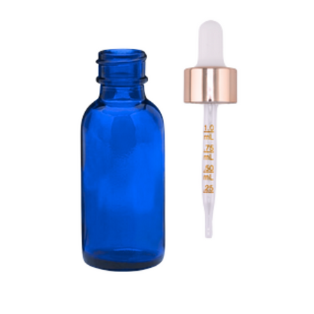 30 ml (1oz) Cobalt Blue Boston Round Glass Bottle With 20/400 Rose Gold Non-CRC Dropper Graduated Straight-Tip Glass Pipette