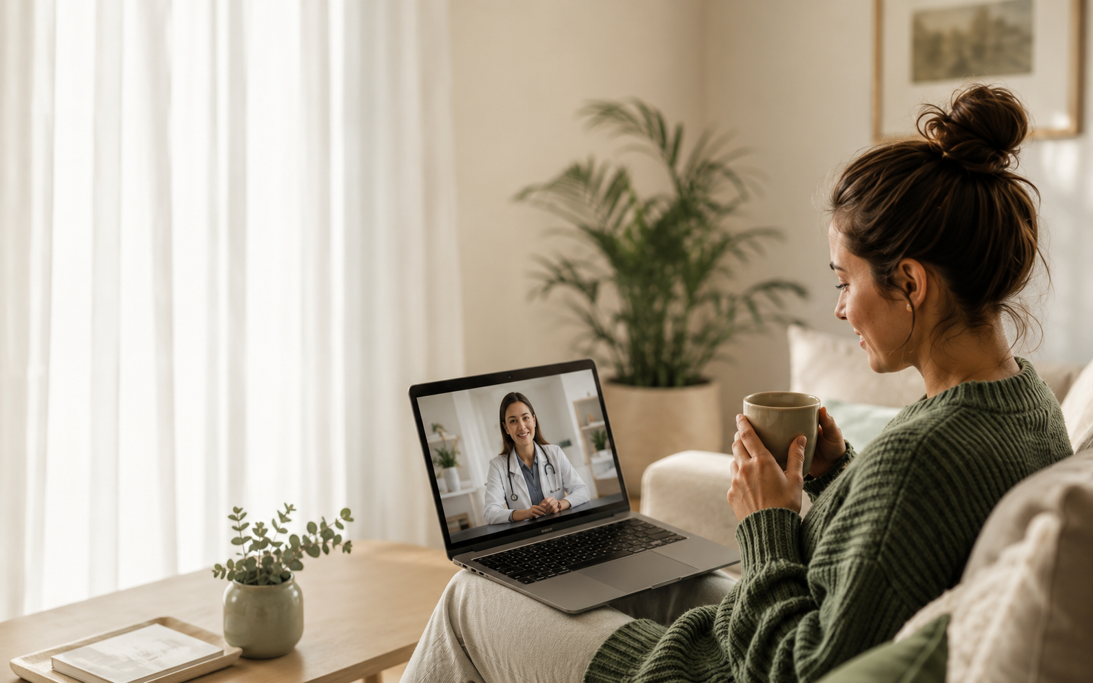 Woman at home having a telehealth video consultation with her GP on a laptop