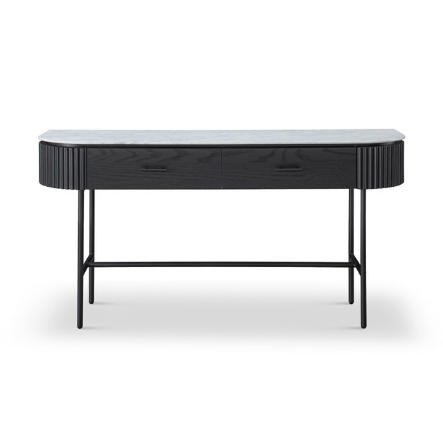 Domus Console Black Oak Timber - Bianca Carrara Marble Top - Front Image Domus Console Black Oak Timber - Bianca Carrara Marble Top - Front Image