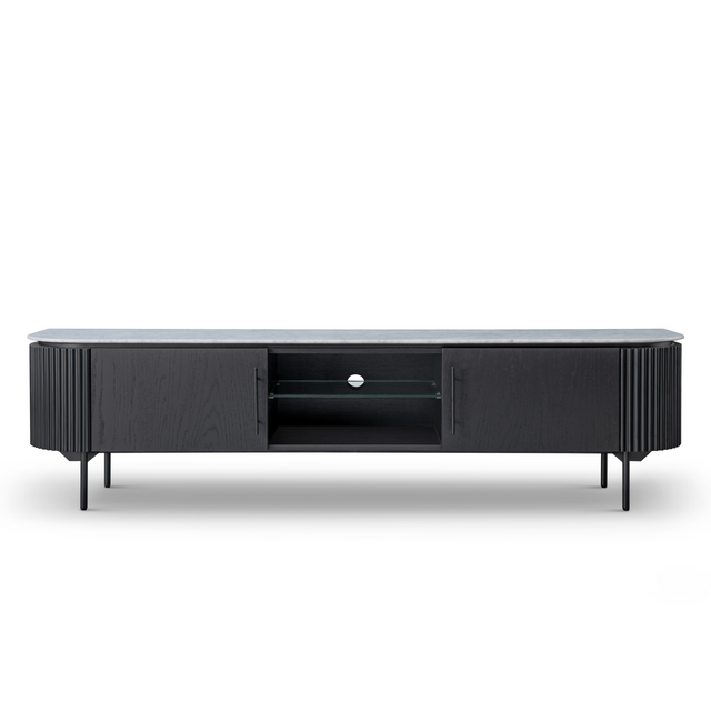 Domus Entertainment Unit Black Oak Timber - Bianca Carrara Marble Top - Front Image Domus Entertainment Unit Black Oak Timber - Bianca Carrara Marble Top - Front Image