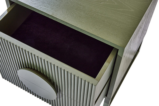 Maximus Bedside Cabinet Olive Green zoomed in angled drawer view