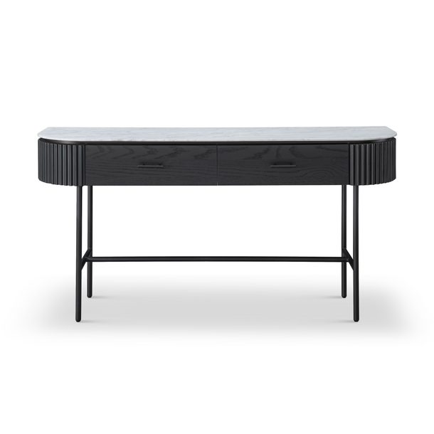 Domus Console Black Oak Timber - Bianca Carrara Marble Top - Front Image