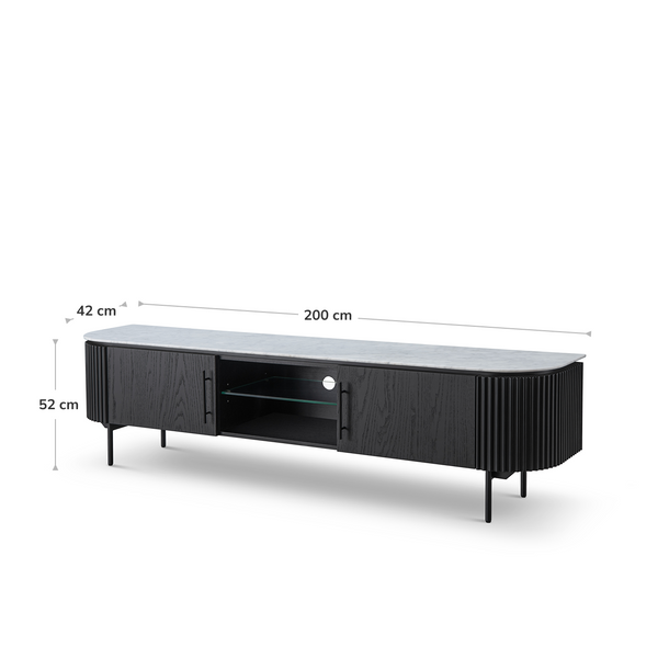 Domus Entertainment Unit Black Oak Timber - Bianca Carrara Marble Top - Image with Dimensions