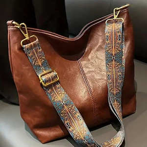 Wide Geometric Strap Shoulder Bag Large Capacity Crossbody Bags For Women,Retro Pu Leather Women's Bag For Shopping Travel Wide Geometric Strap Shoulder Bag Large Capacity Crossbody Bags For Women,Retro Pu Leather Women's Bag For Shopping Travel