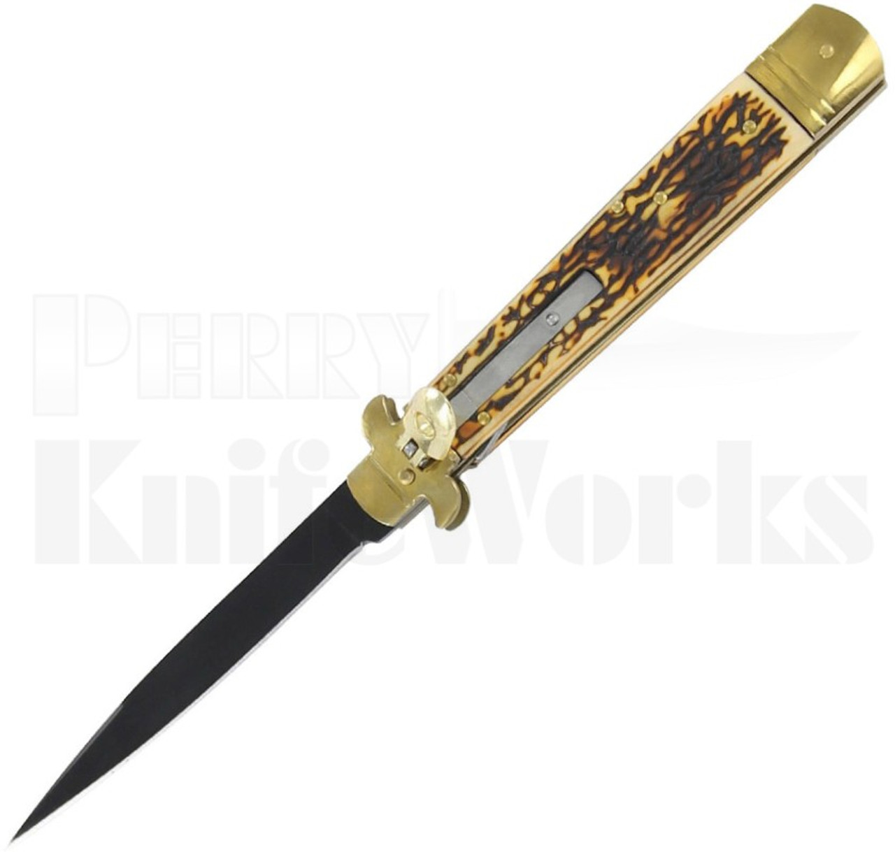 Italian Style 10" Leverlock Automatic Knife Sim Stag l For Sale