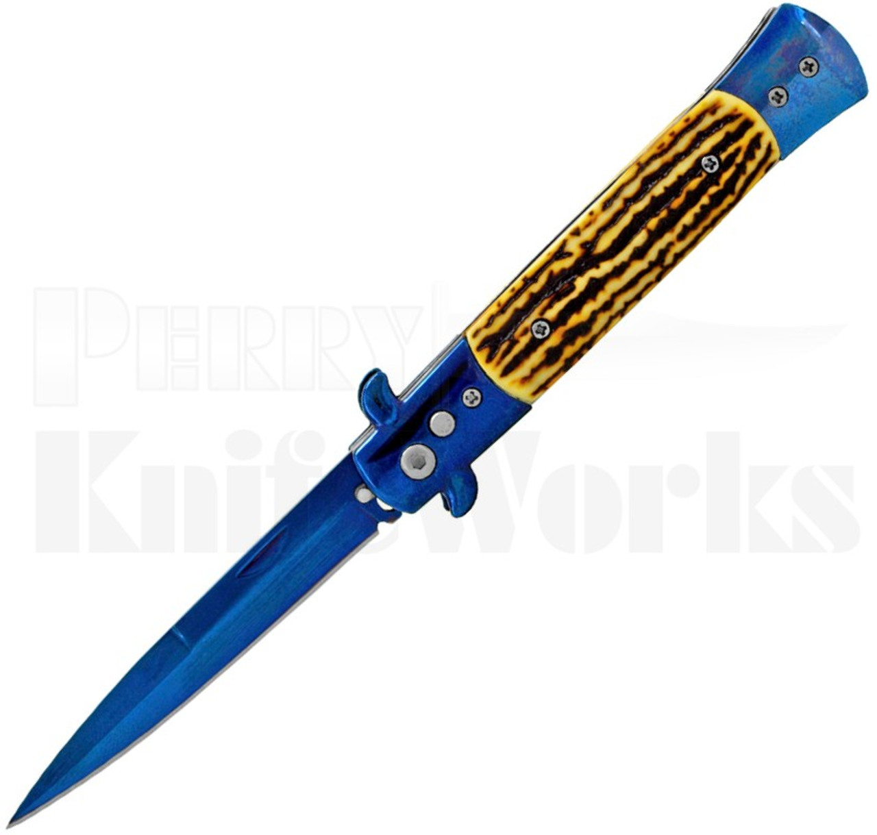 Milano 9" Stiletto Sim Stag Automatic Knife l Blue Blade l For Sale