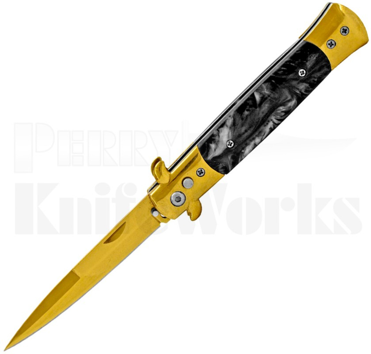 Milano 9" Stiletto Black Marble Automatic Knife l Gold Blade l For Sale
