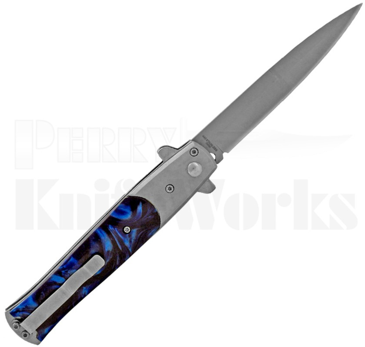 Milano 9" Stiletto Blue Pearl Automatic Knife Bead Blast Blade