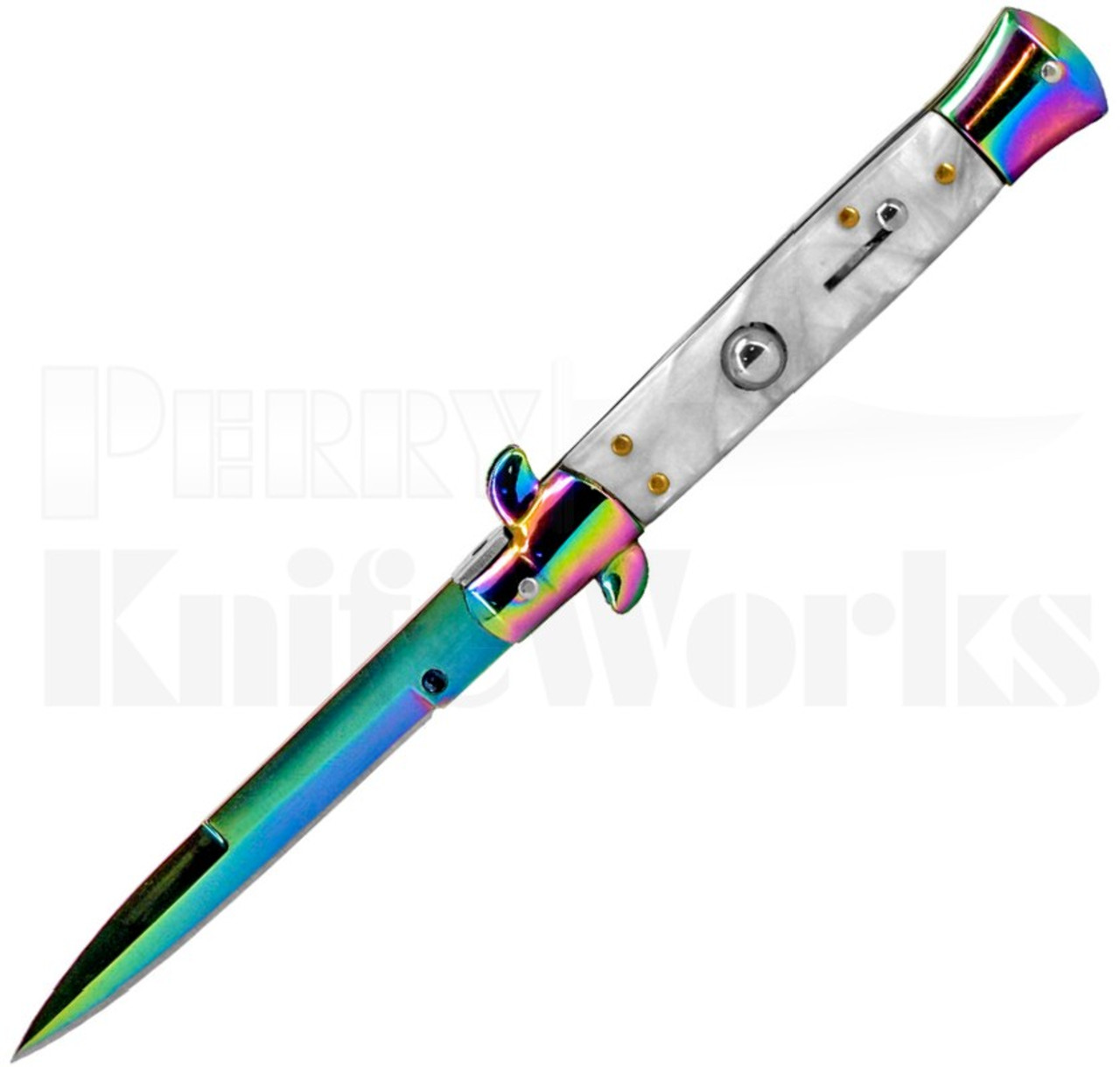 Italian Style 9" Stiletto White Swirl Automatic Knife Spectrum l For Sale