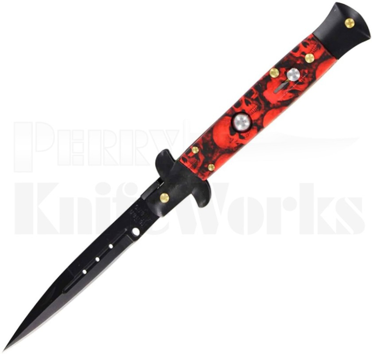 Milano 9" Stiletto Red Skulls Automatic Knife l For Sale