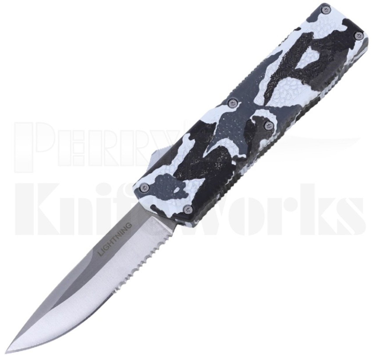  Lightning HD Camo OTF Automatic Knife l Satin Serrated l For Sale