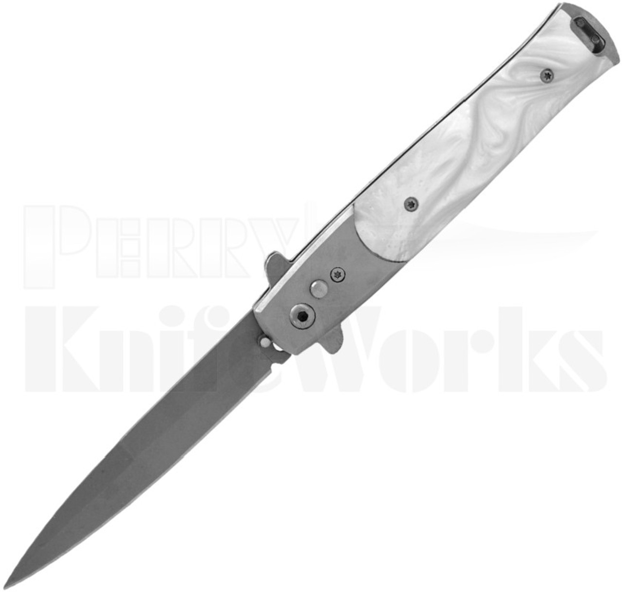 Milano 9" Stiletto White Pearl Automatic Knife l Bead Blast Blade l For Sale