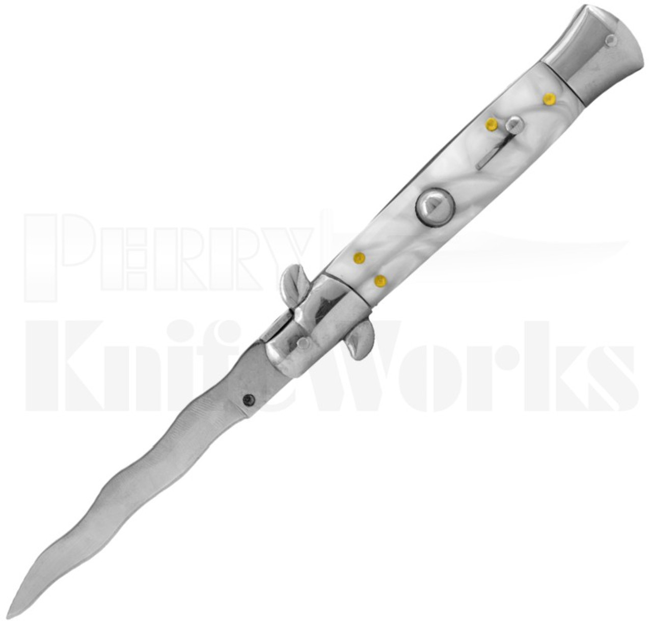 Italian Style 9" Stiletto White Marble Automatic Knife l Kris Blade l For Sale