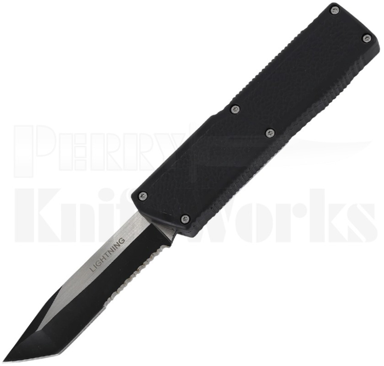 Lightning HD Black OTF Automatic Knife l Tanto Two-Tone Serrated l For Sale